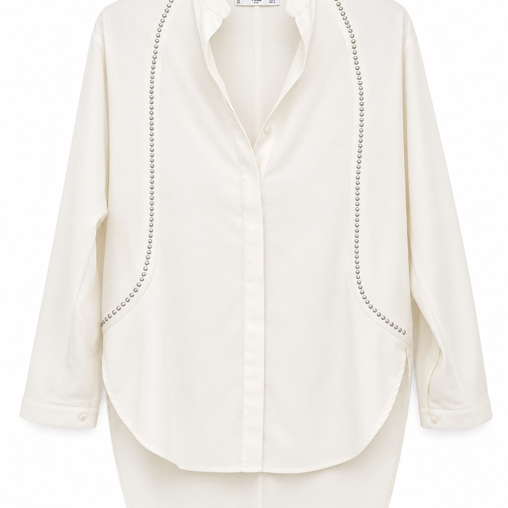 Mango Cream Button-Down Shirt with Stud Trim